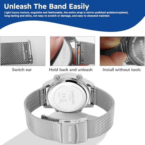Men’s Pedometer Watch Black Stainless Steel Mesh Band No App