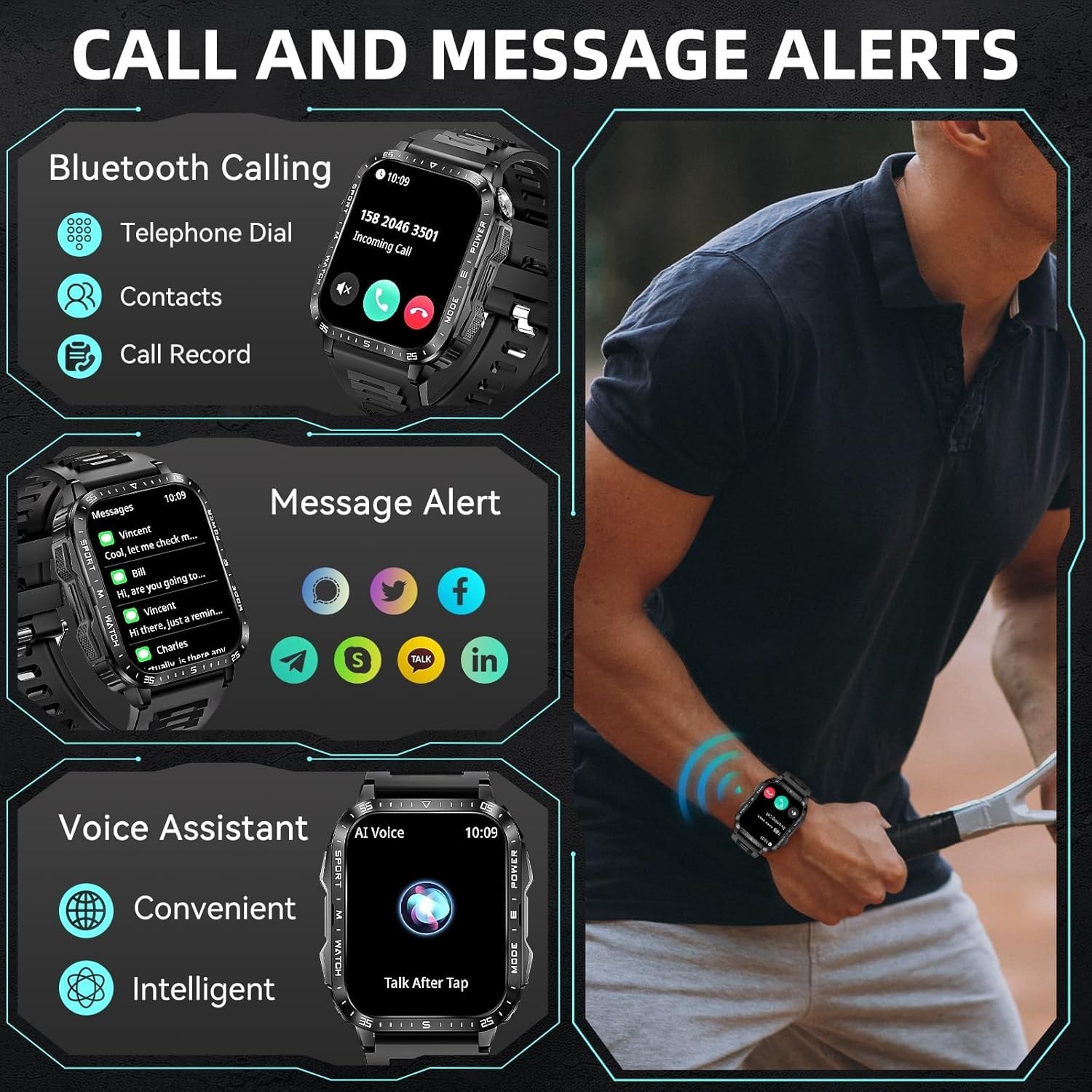 Military Smartwatch 1.96″ Bluetooth Call with LED Flashlight Fitness Tracker
