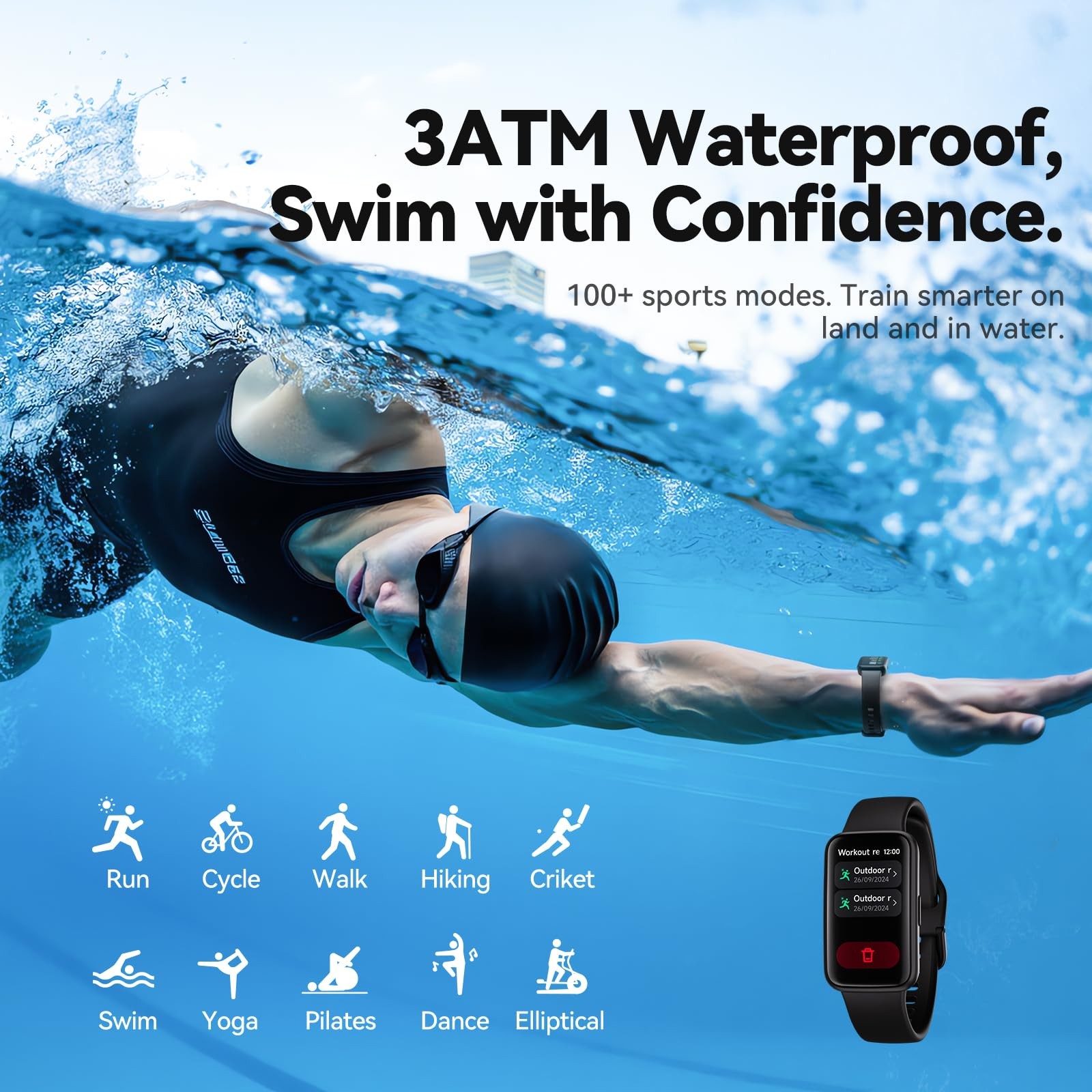 Fitness Tracker Smart Watch, 1.47″ Color Screen, 100+ Sports, Black