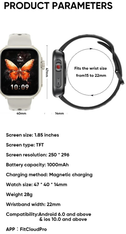 1.85″ Smart Watch Men BT Call IP68 Fitness Tracker Heart Rate 1000mAh