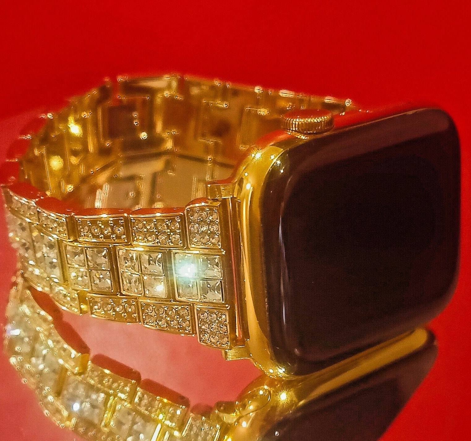 24K Gold Plated Stainless Steel Apple Watch 45mm Simulated Diamond Link Bracelet