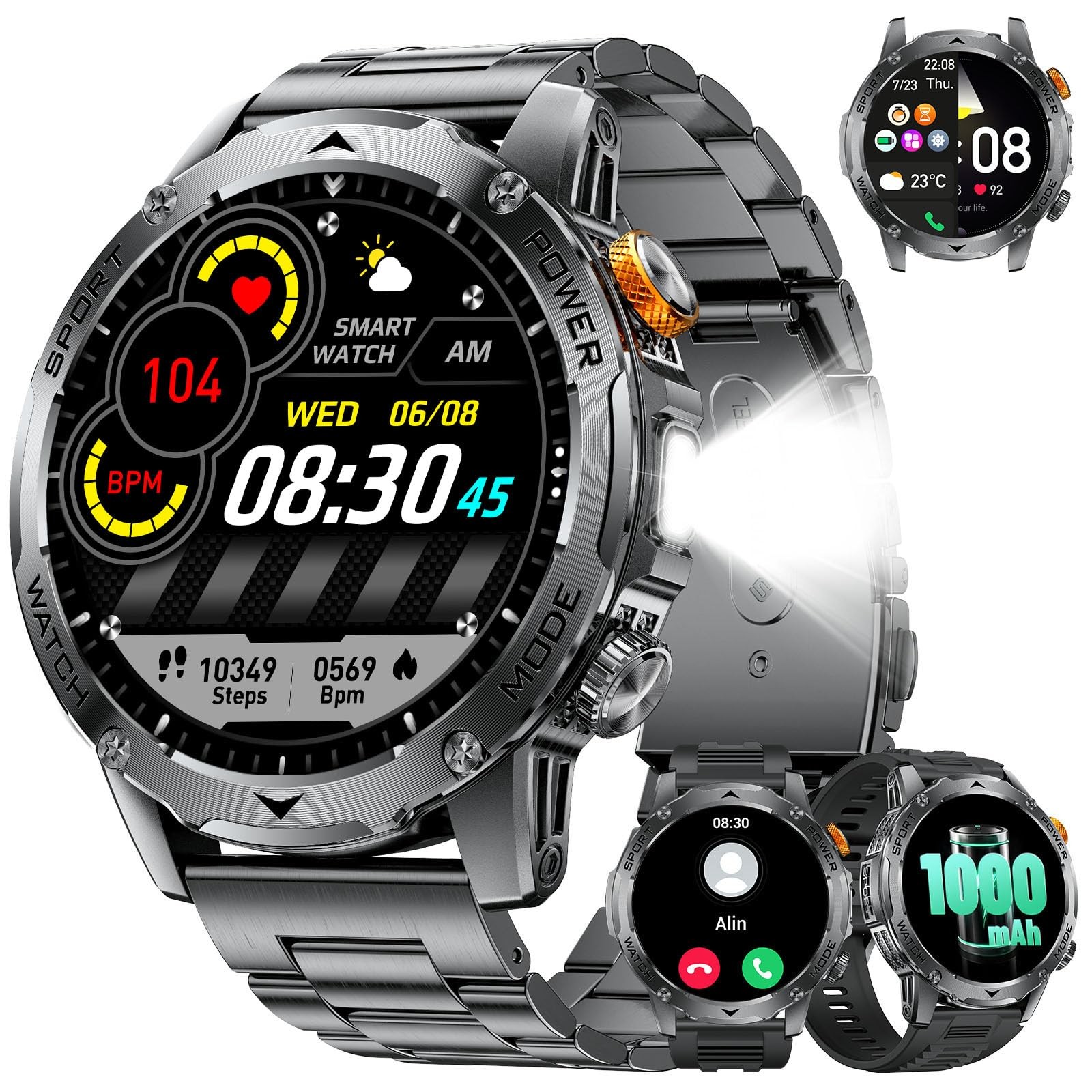 Military Smart Watch for Men with 1000mAh Battery/Flashlight, 1.75” HD Rugge…