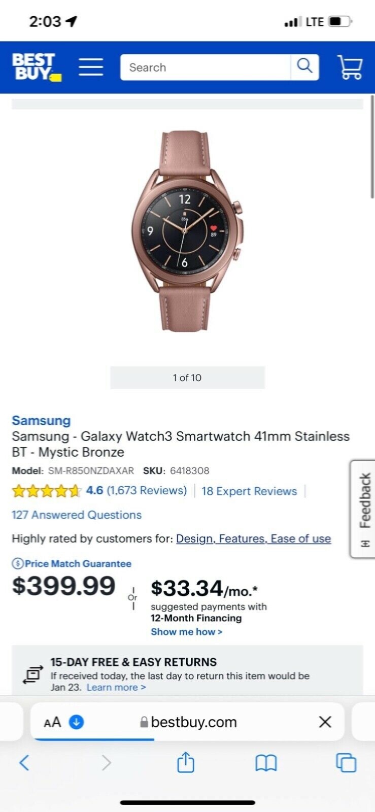 Samsung Galaxy Watch3 SM-R850 41mm Stainless Steel Case with Leather Strap -…