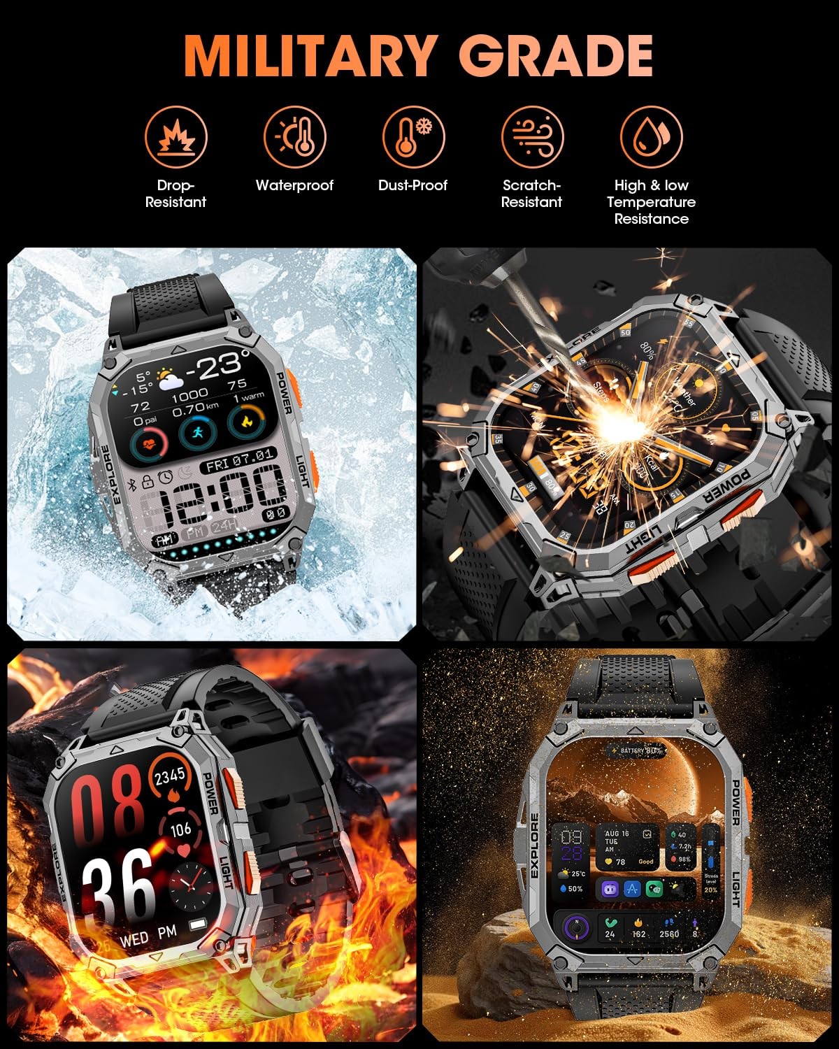 Military Smart Watch 2.01″ HD Touchscreen 1000mAh Battery – Fitness Tracker