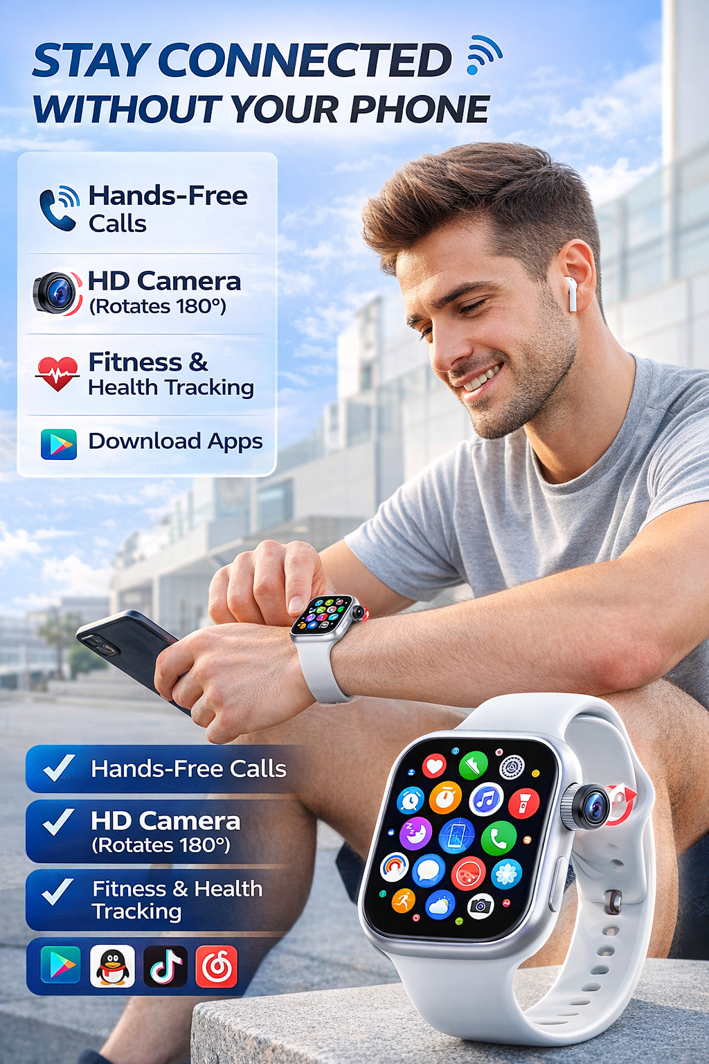 VP29 Smart Watch 5G 4G LTE Unlocked Android GPS WiFi 180° Rotating HDCamera