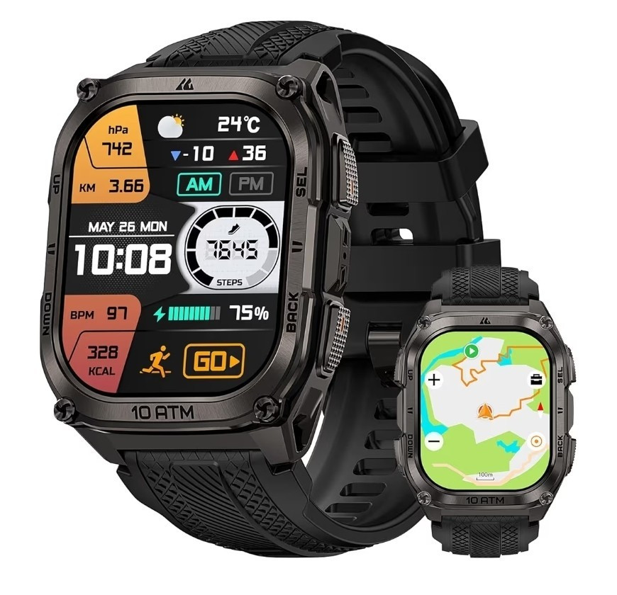 KOSPET Tank M4 Rugged GPS Smartwatch 45mm Black Silicone Band 10ATM