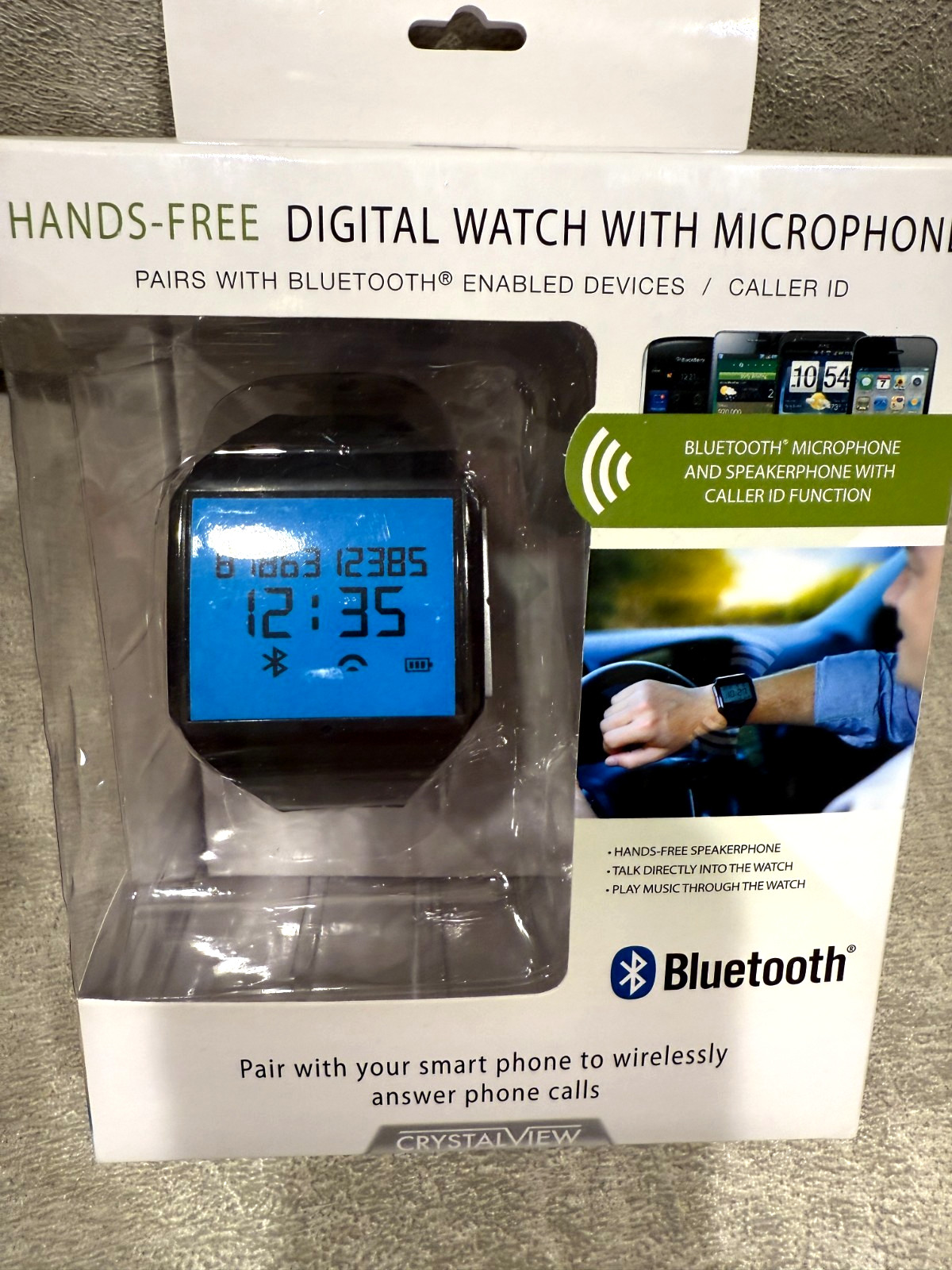 Crystal View BLUETOOTH Hands-Free Digital Watch with Microphone BLACK Sealed Box