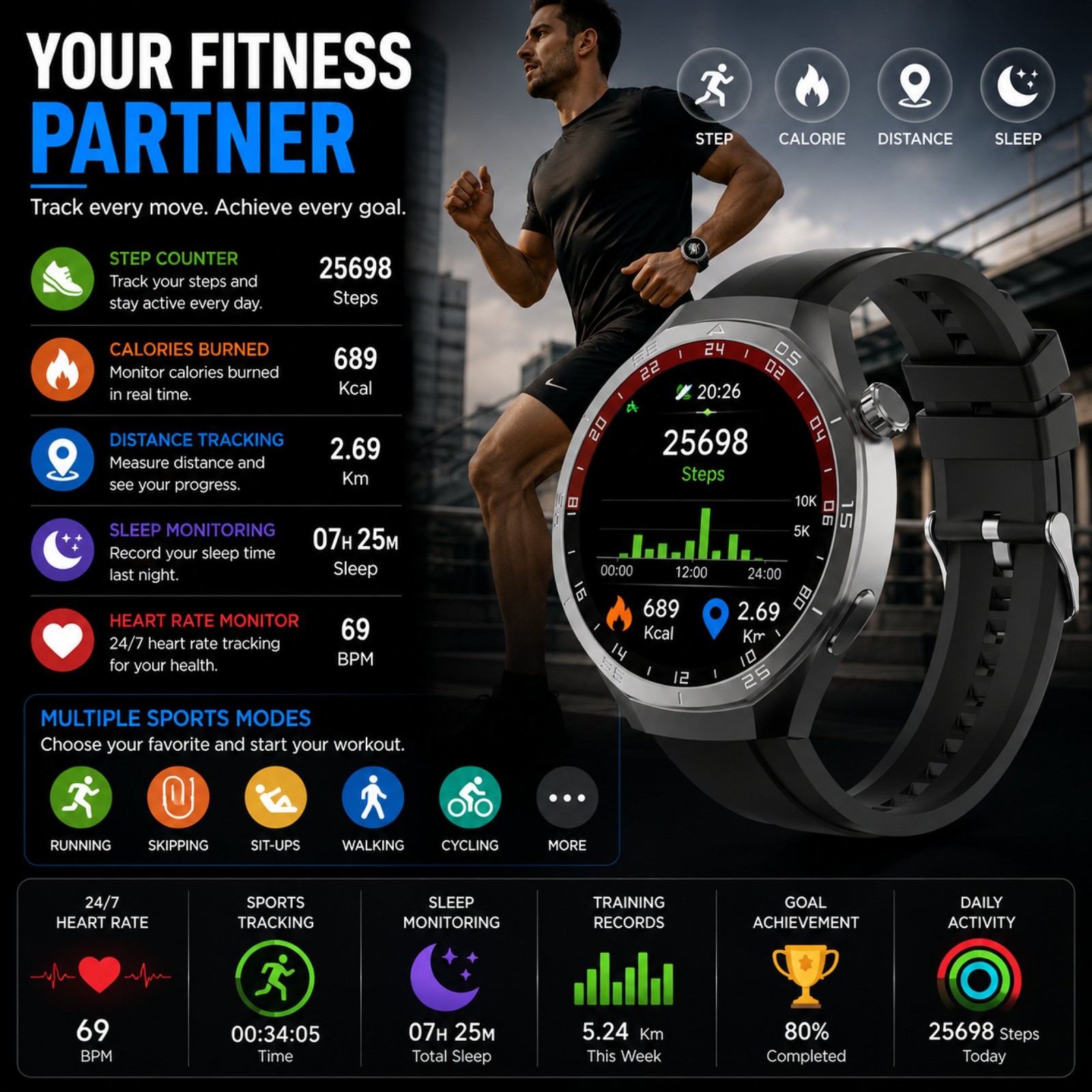 Gravity GWX3DG Smart Watch Bluetooth Calling 1.5″ HD Touchscreen Dark Grey