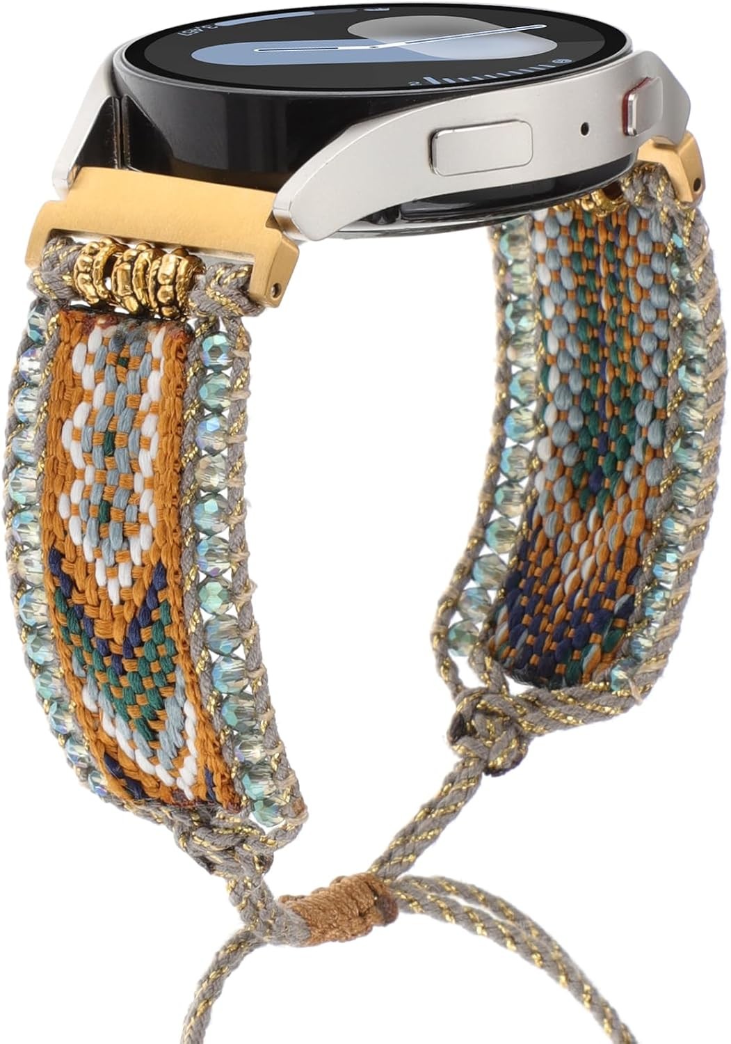 Retro Boho Fabric Band for Samsung Galaxy Watch 40mm 44mm, Handmade Beaded Strap