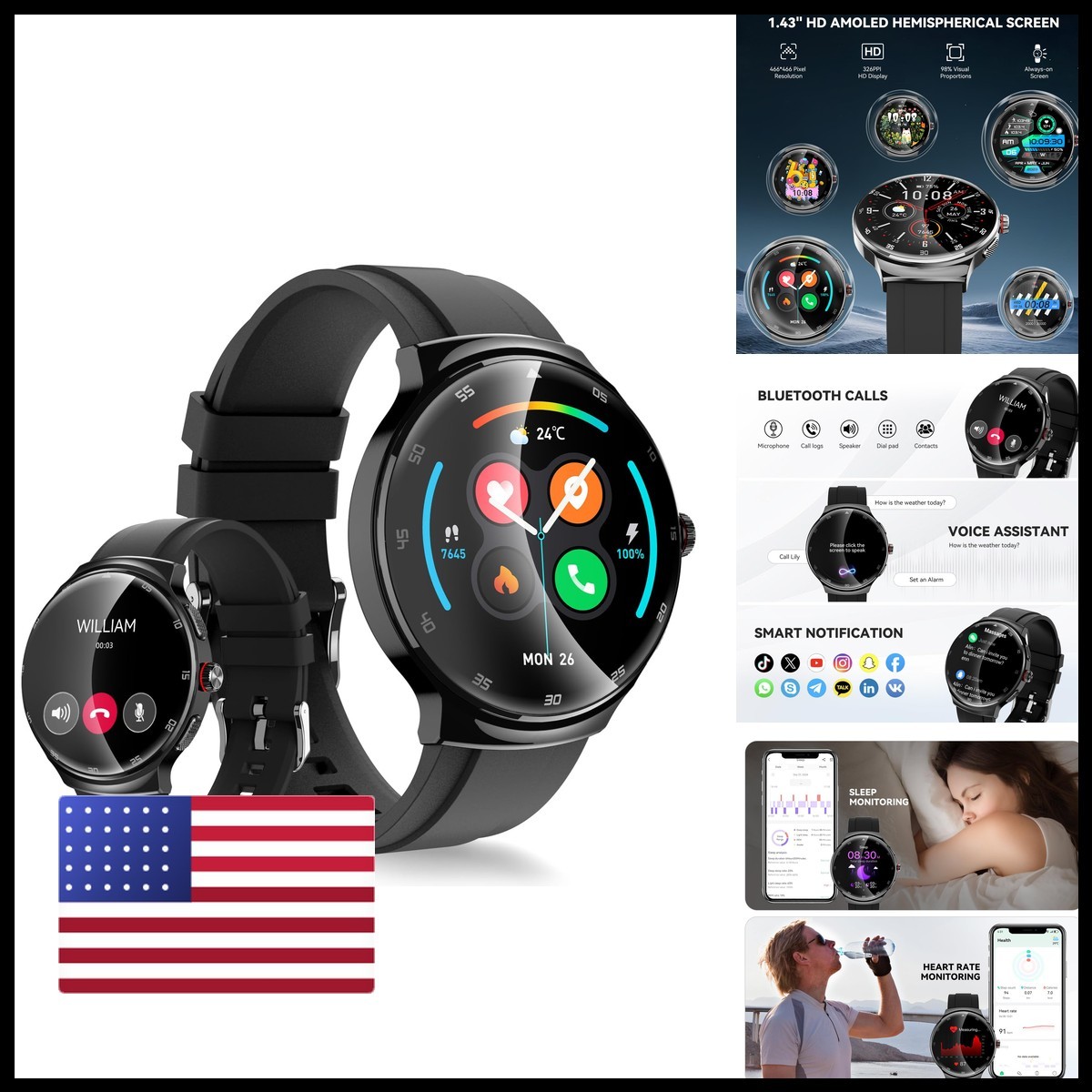 OHUGNA Smart Watch 1.43″ Curved AMOLED HD Screen for Android & iOS Compatible