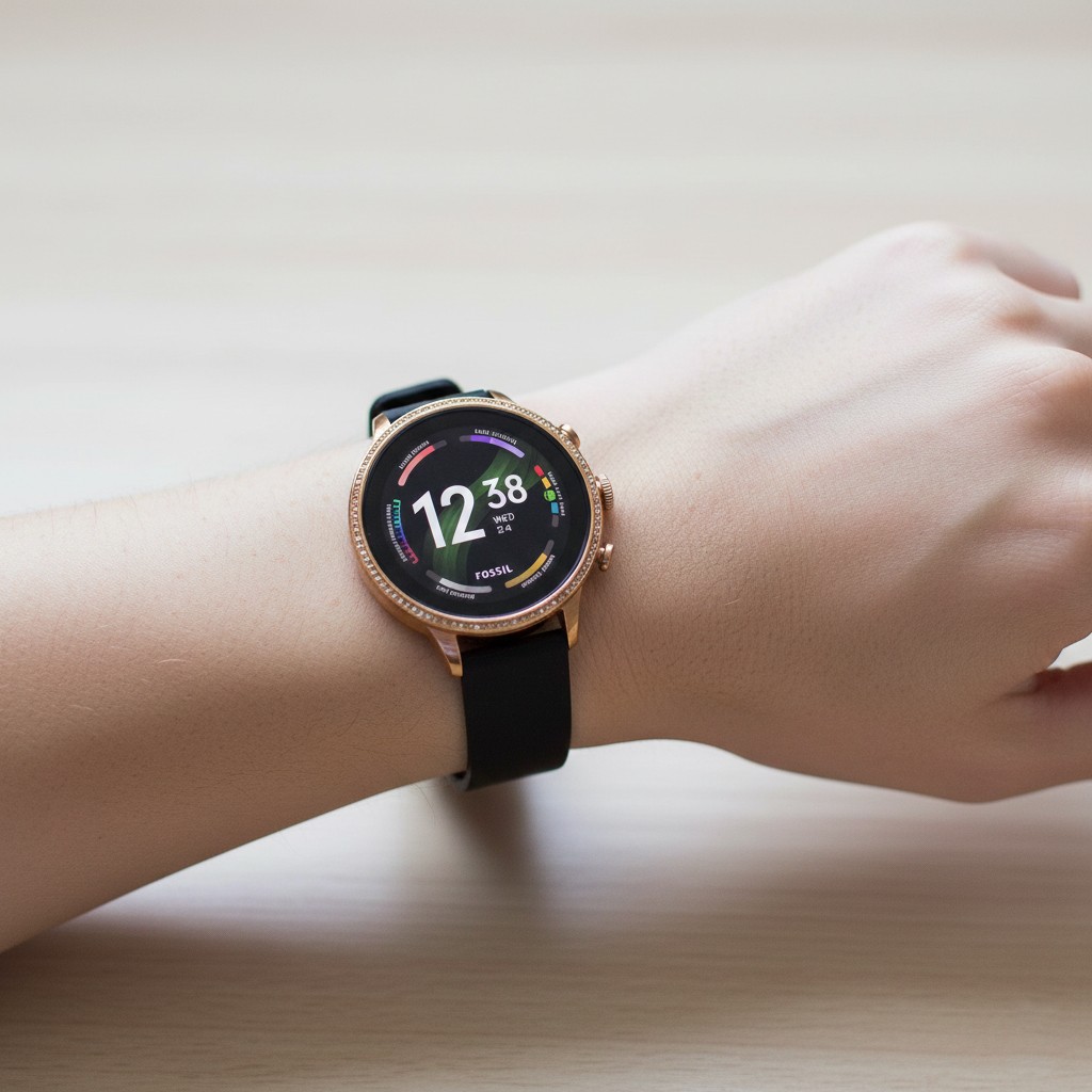 Fossil Women’s Gen 6 42mm Smartwatch Gold Face, Black Silicone Band (FTW6080V)