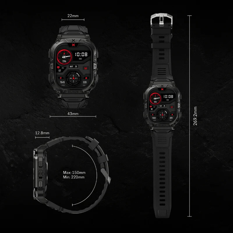 CARBINOX “BLAZE TYPE S ” Tactical Military Smartwatch IP69K Black – NEW w/ BONUS
