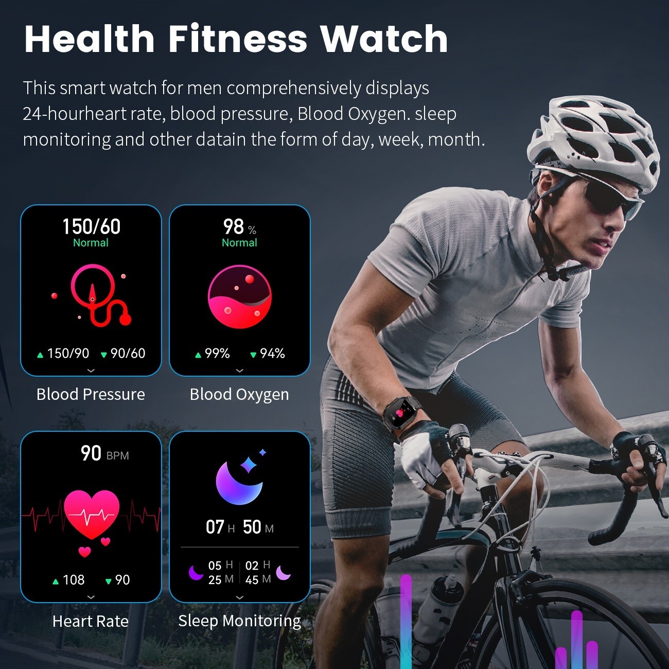 Smart Watch Men Fitness Rugged w/ LED Flashlight 2.02″ HD Screen 5ATM Waterproof