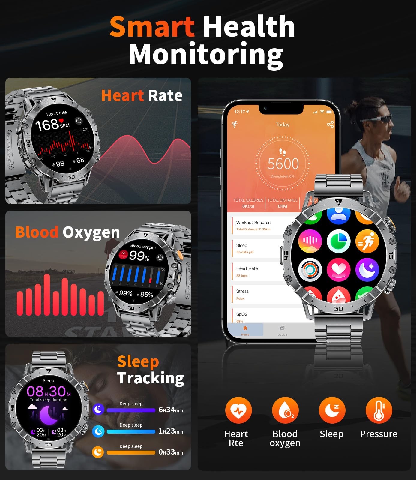 Smart Watches for Men 1000mAh Battery/Flashlight/3 men’s standard, Black