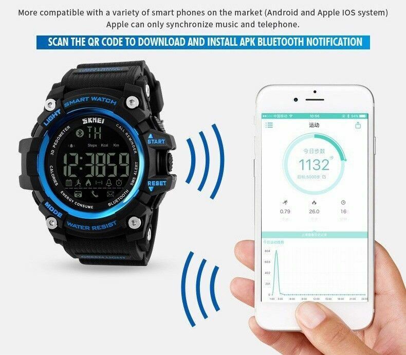 Bluetooth Waterproof Sport Smart Watch Phone Mate For Android IOS iPhone Samsung