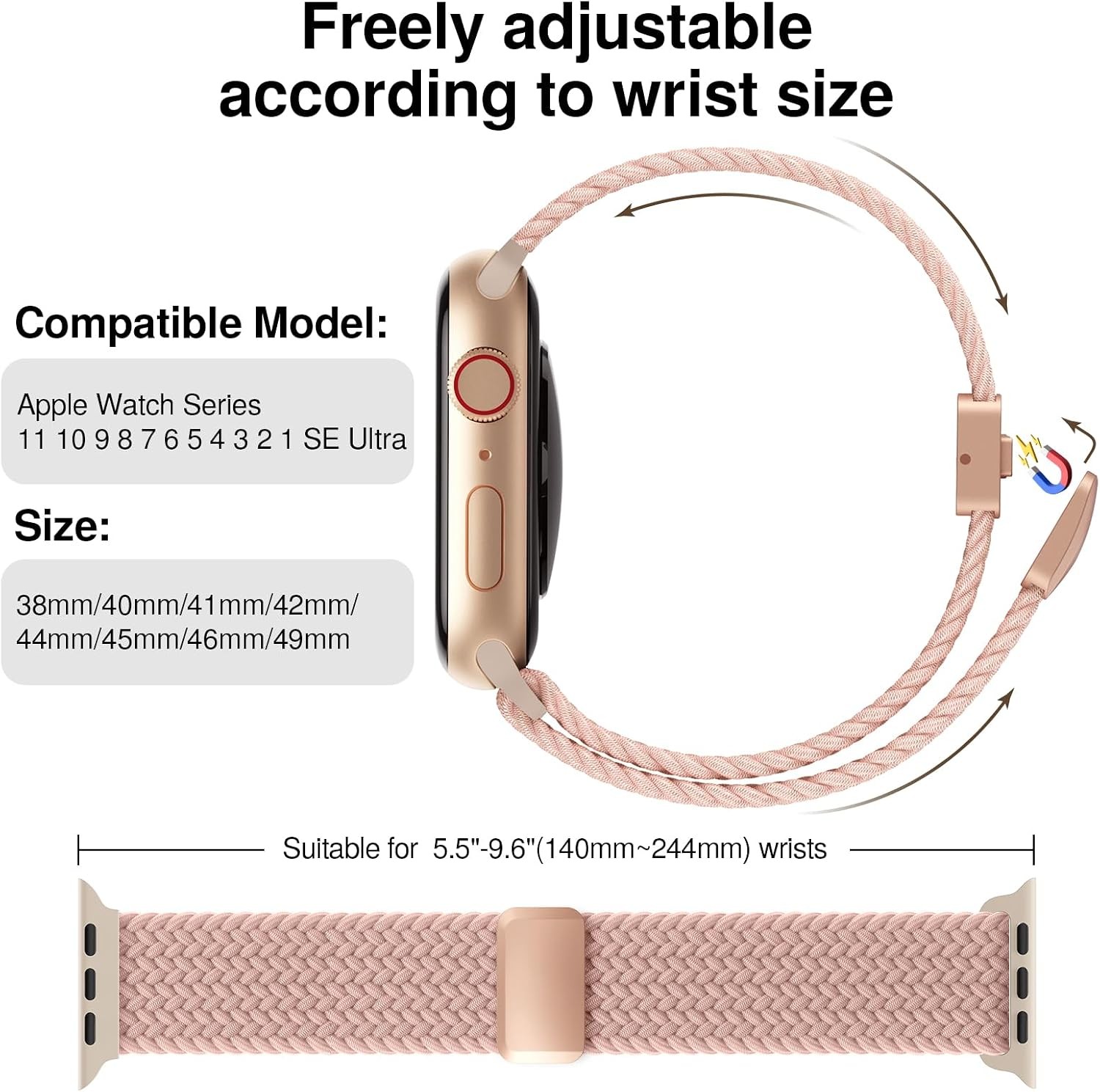 Pink Sand Braided Stretchy Band for Apple Watch Series 7 41mm, Soft Nylon Strap