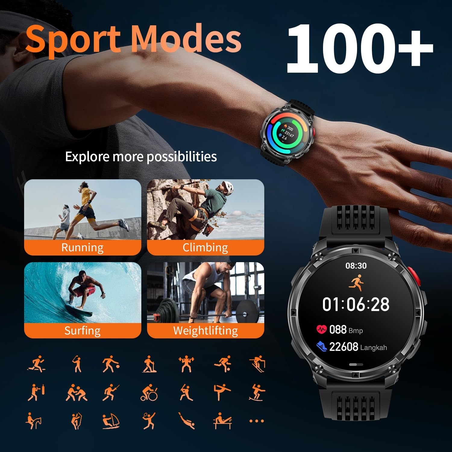 Men’s Military Smart Watch – Fitness Tracker, Waterproof, 100+ Sports Modes, Hea