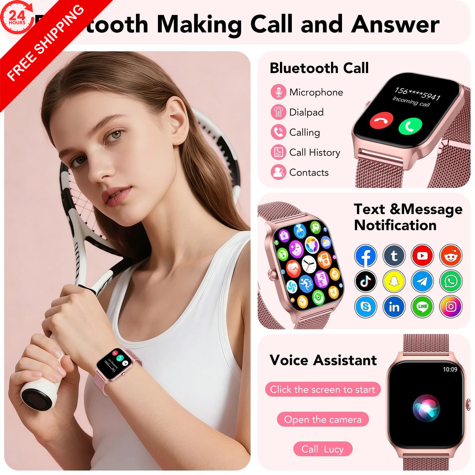 CASCHO Smart Watch for Women (2 Bands), Bluetooth Call No, Rose Gold