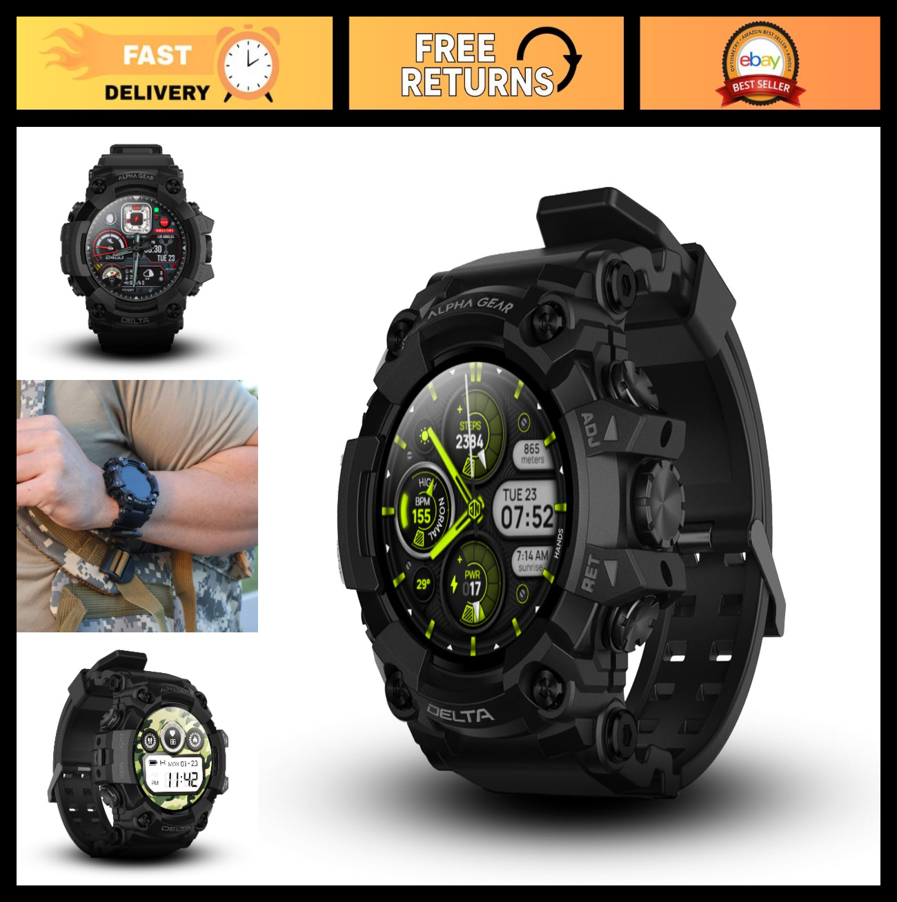 Tactical Rugged Smartwatch for Men, IP69K Waterproof, Bluetooth Calling, 21-Day