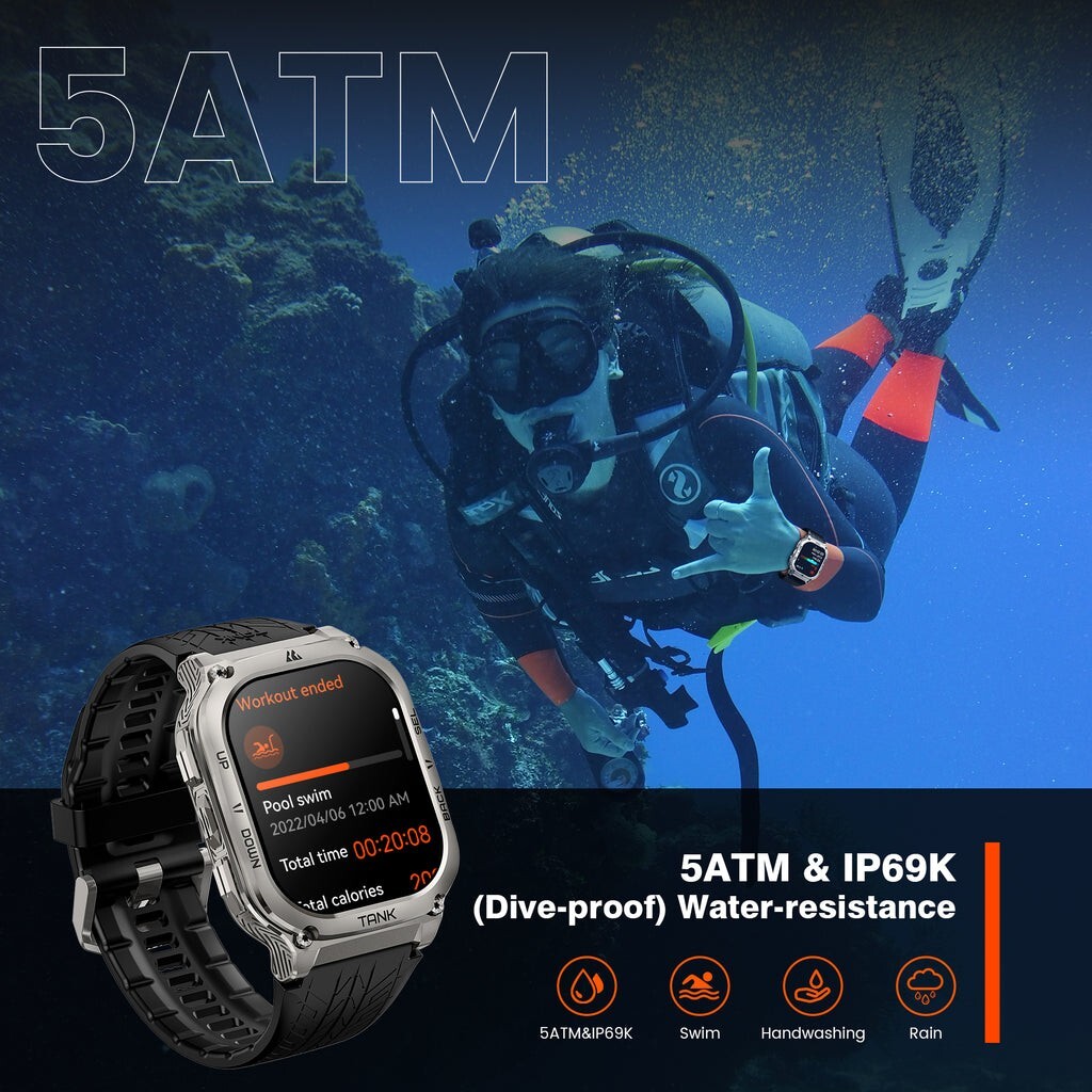 2024 KOSPET TANK M3 Smart Watch BLACK for Men Long Battery Life 50M Waterproof