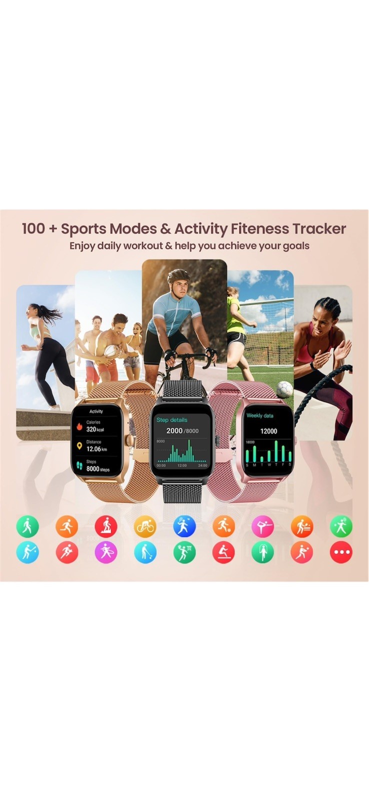 Pink Smartwatch for Women Android iOS Phones 1.83″ Touch Screen Call & Fitness