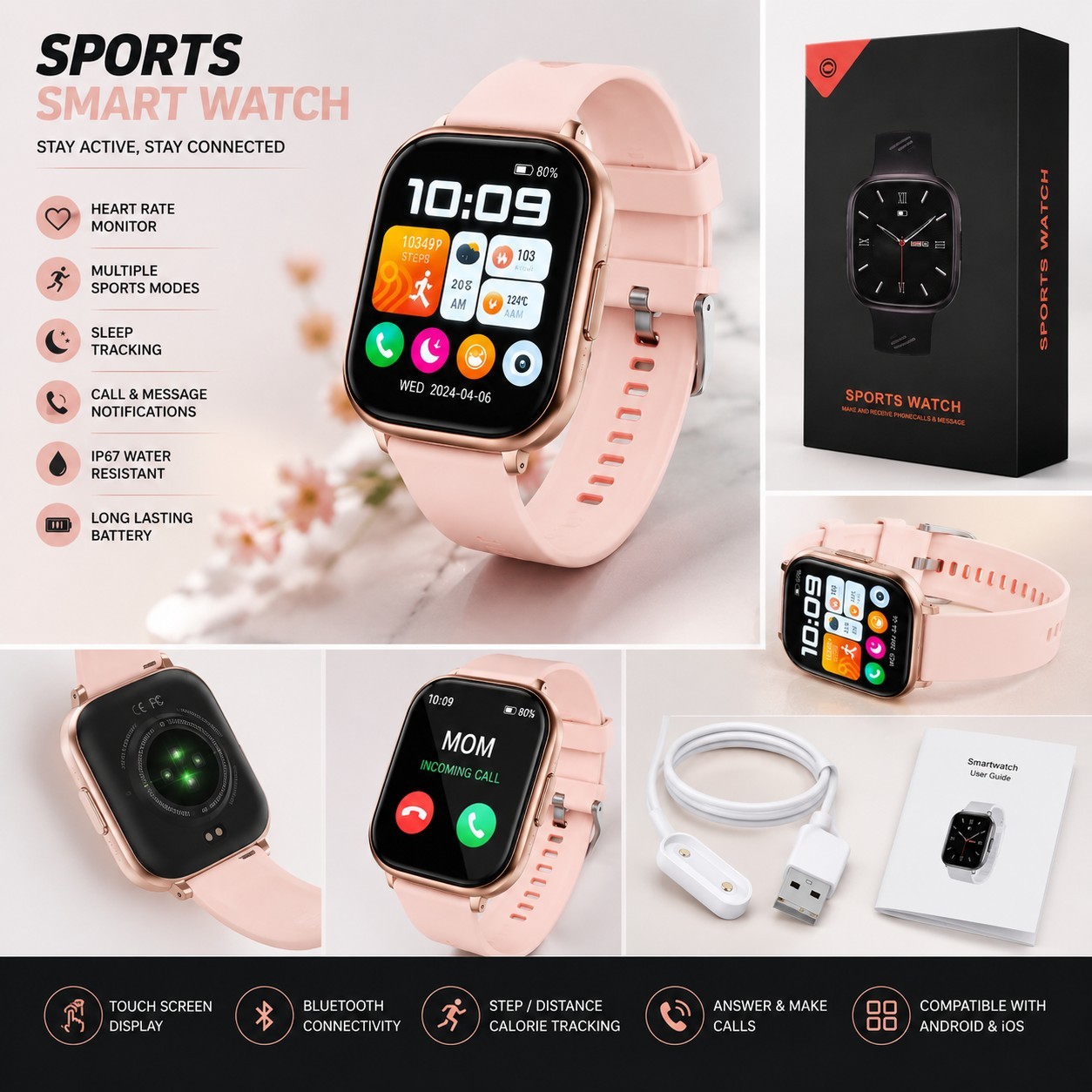 Sports Smart Watch Pink Bluetooth Fitness Tracker Heart Rate Android iPhone
