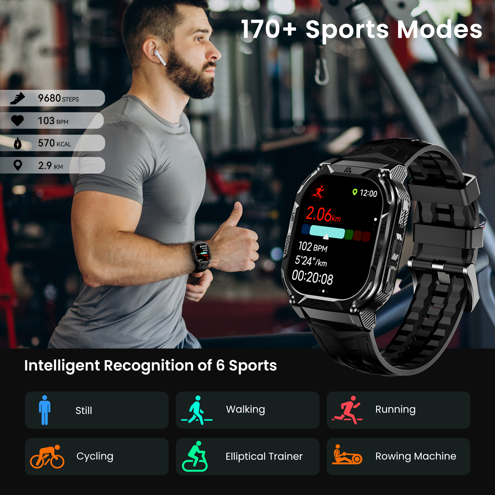 Original AMAZTIM TANK T2 Smart Watch Men 410mAh Battery Waterproof AMOLED AOD