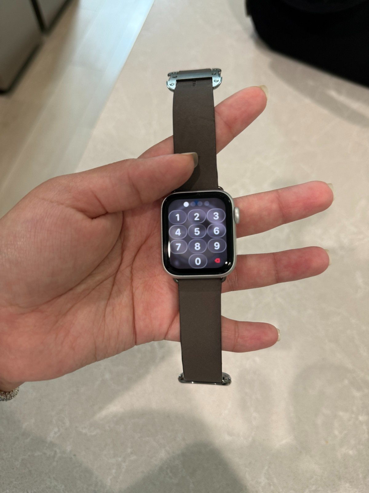 Apple Watch SE with the Dark Taupe Modern Buckle