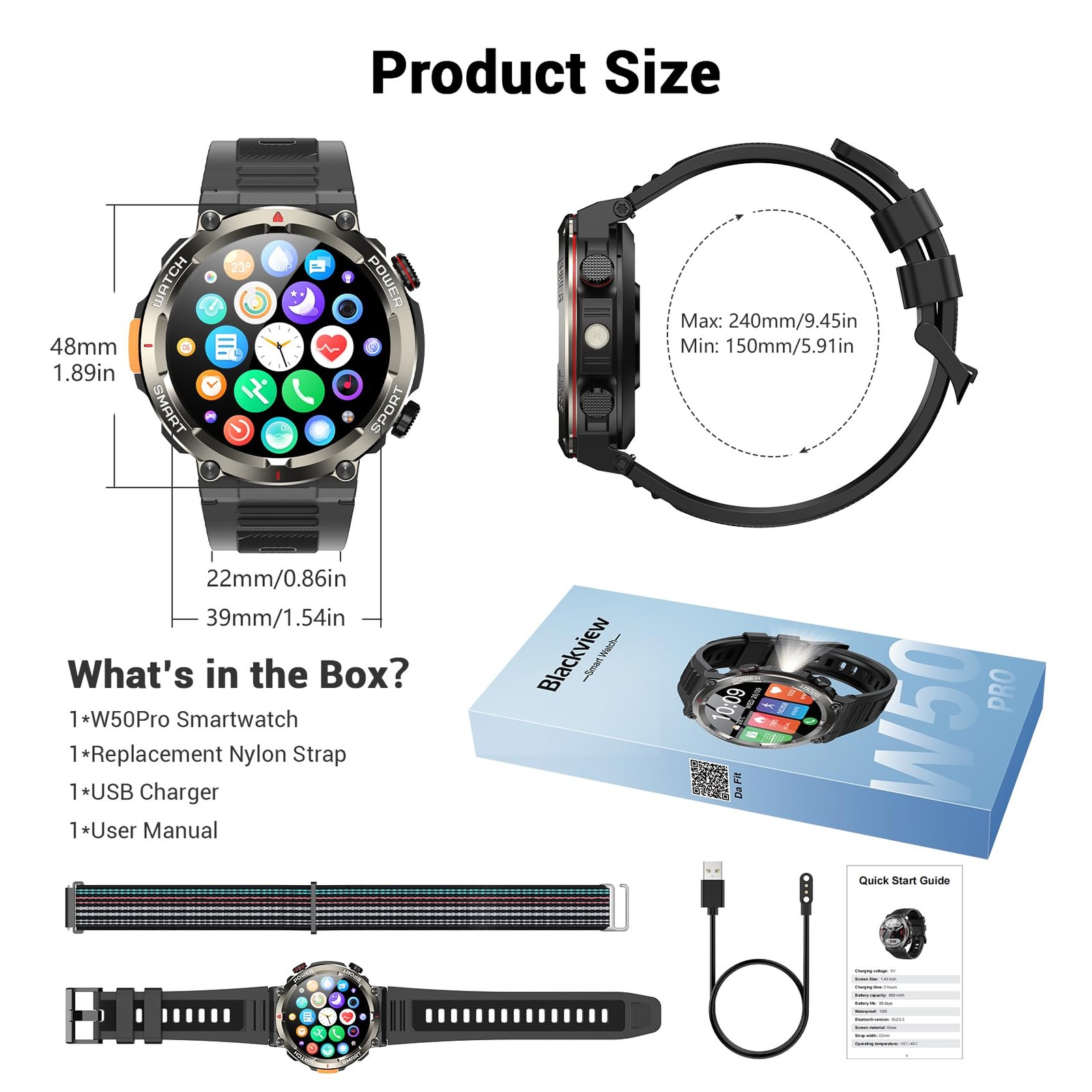 Military Smart Watch for Men(Answer/Make Calls),Outdoor L, W50Pro-Black