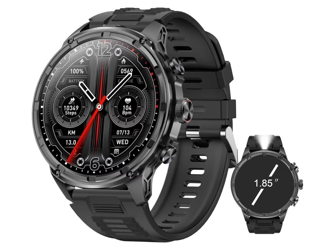 Rugged Fitness Smart Watch for Men LED Flashlight 1.85 in HD Screen Android IOS