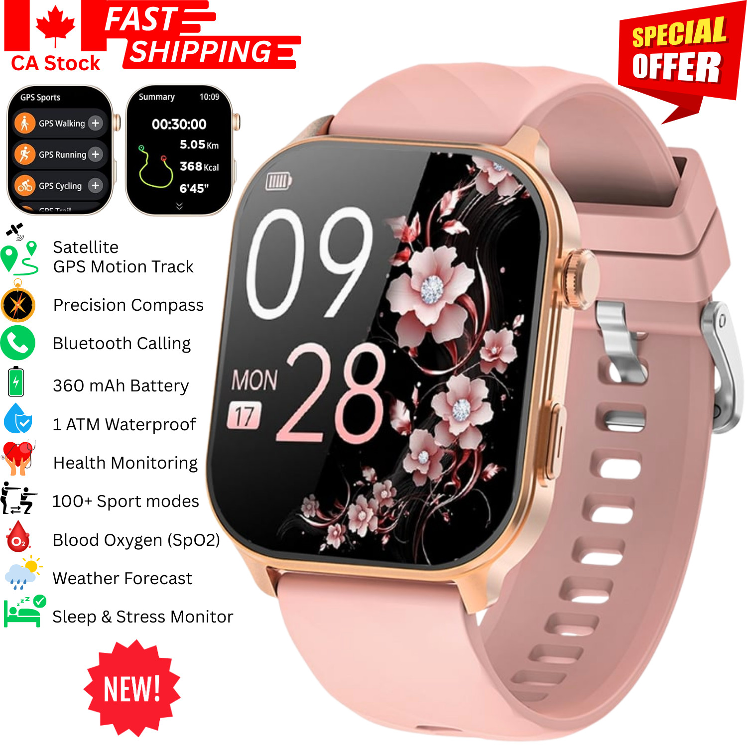2025 GPS Smart Watch 2.01″ HD Screen Bluetooth Calling 110+ Sports Heart Monitor