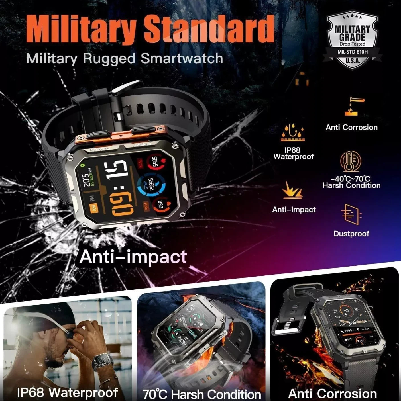 2025 Blood Pressure Smart Watch Men Military Fitness Tracker Sports Wristwatch