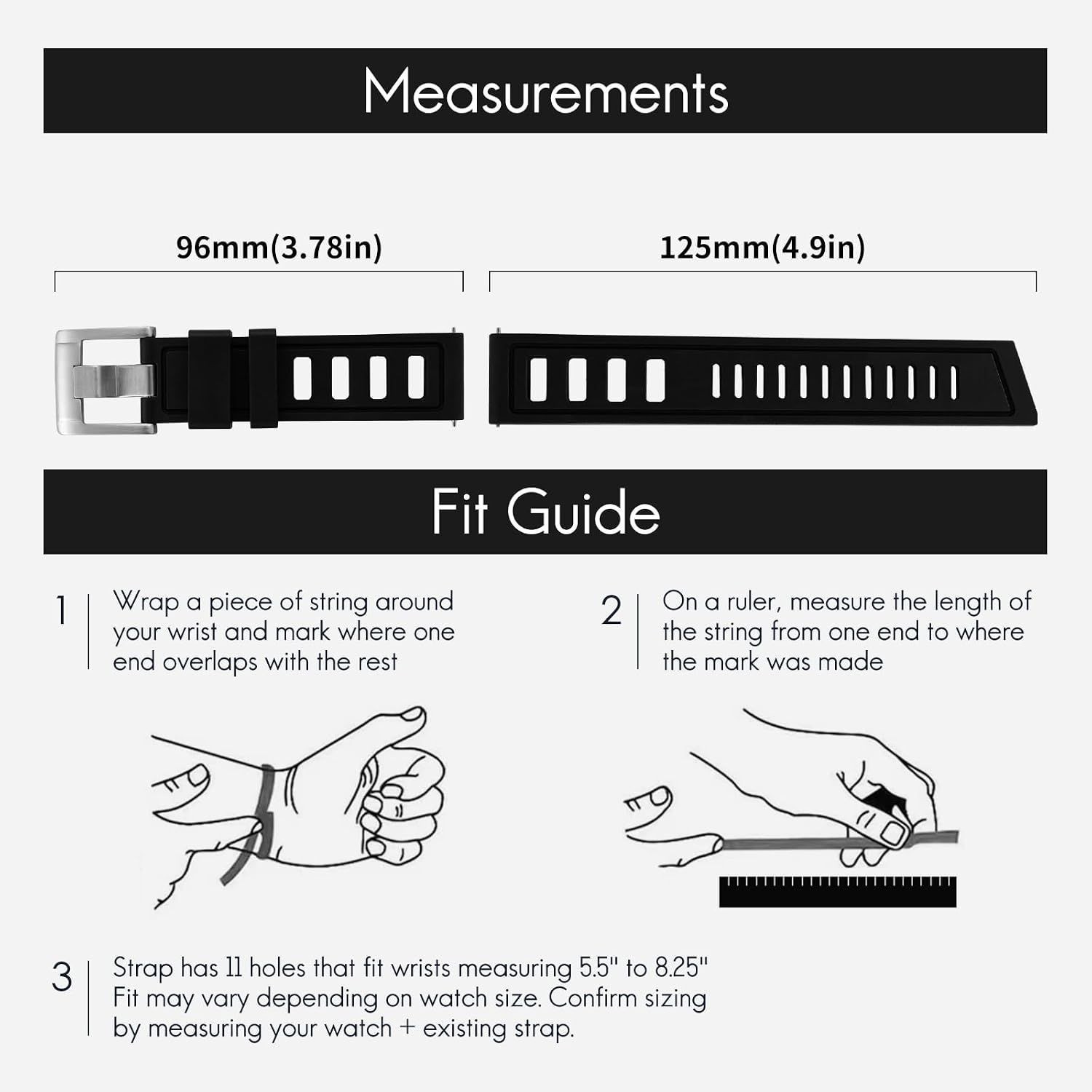 Strap Only For 20mm 22mm Waterproof Soft Watch Bands with Solid Stainless Buckle