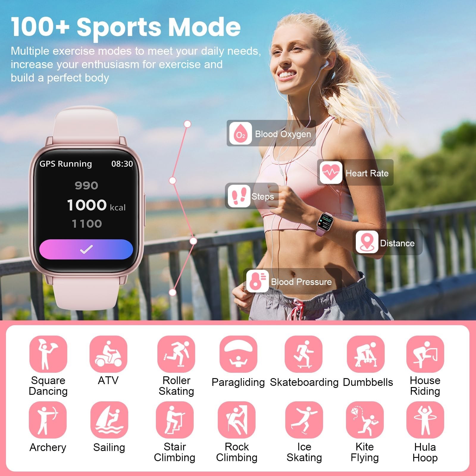 Loekneue Smartwatch Women 1.83″ Pink Gold Fitness Call Message Heart Rate G93