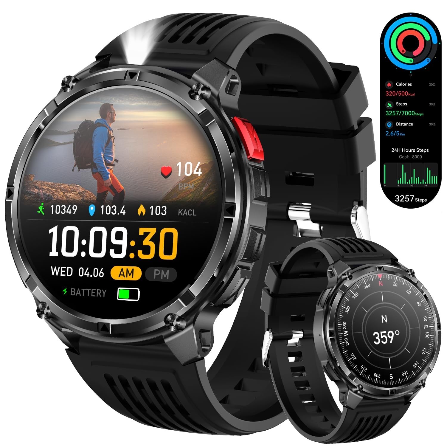 Men’s Military Smart Watch – Fitness Tracker, Waterproof, 100+ Sports Modes, Hea