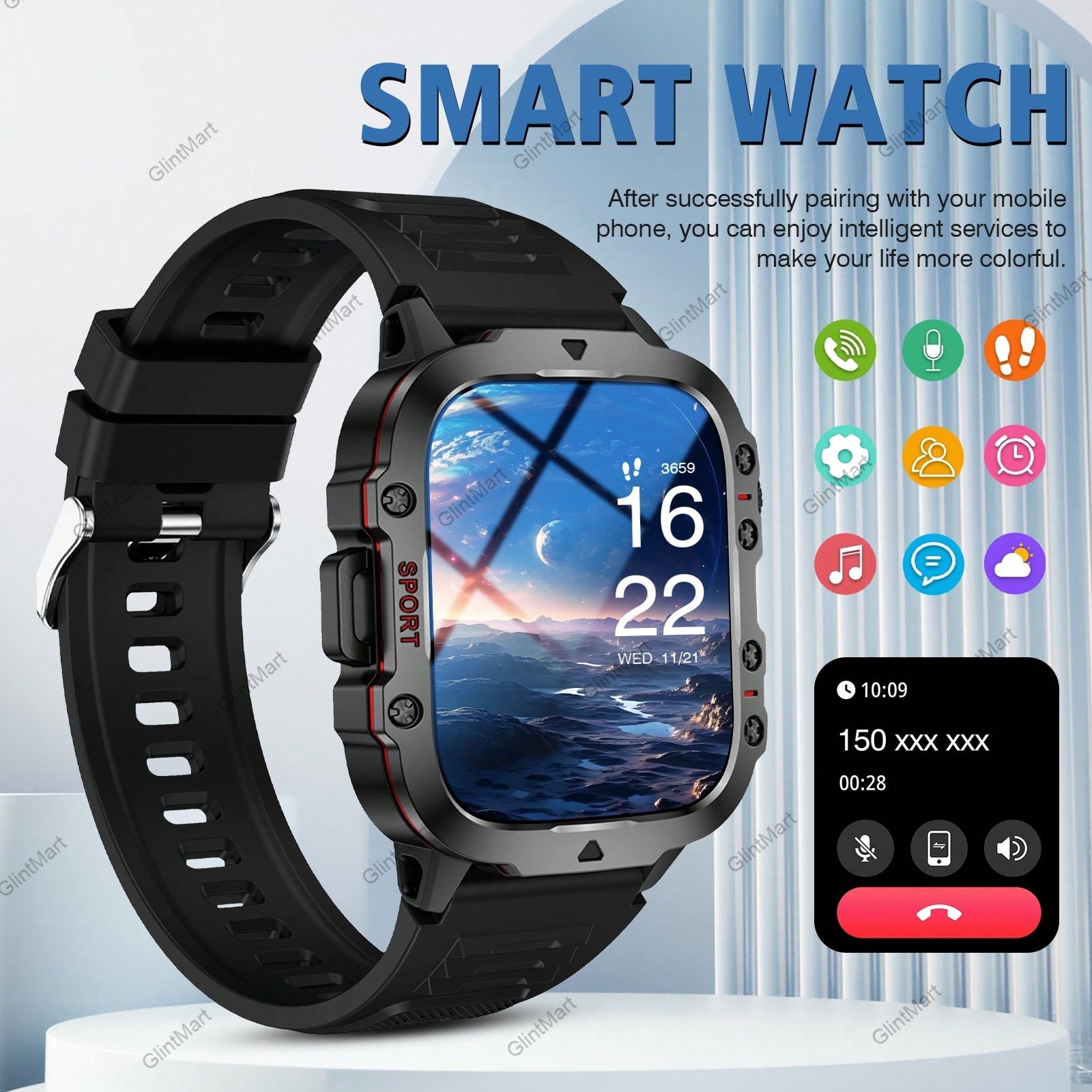 Ink Black Smart Watch With Wireless Calling Fitness Tracker For iOS Android