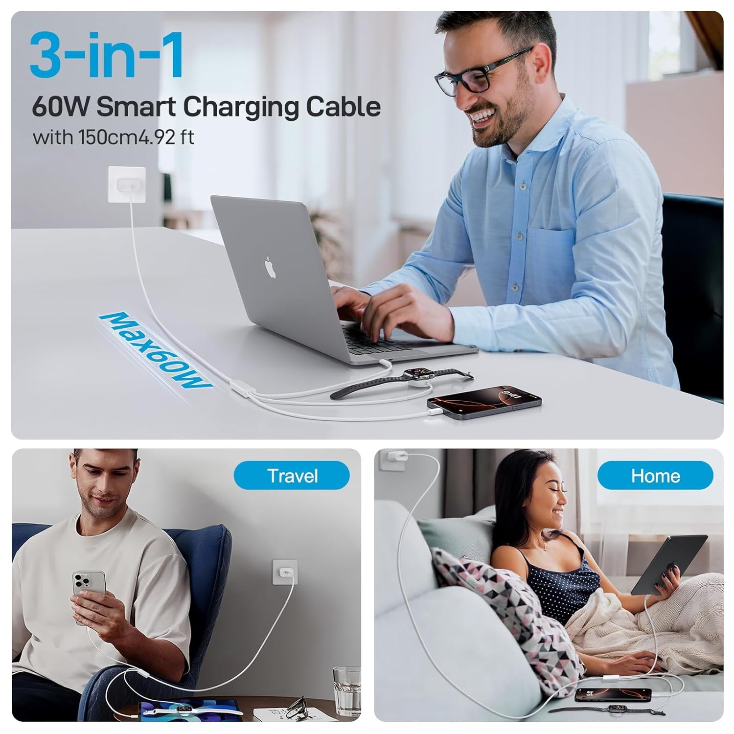 60W 3 in 1 Multi Chargers Cable for Apple Watch Fast Charging, 5FT iWatch Charge