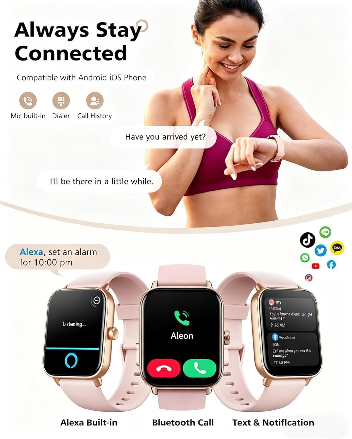 Smart Watches for Women, 1.8 Inches Fitness Tracker with Alexa Built-in