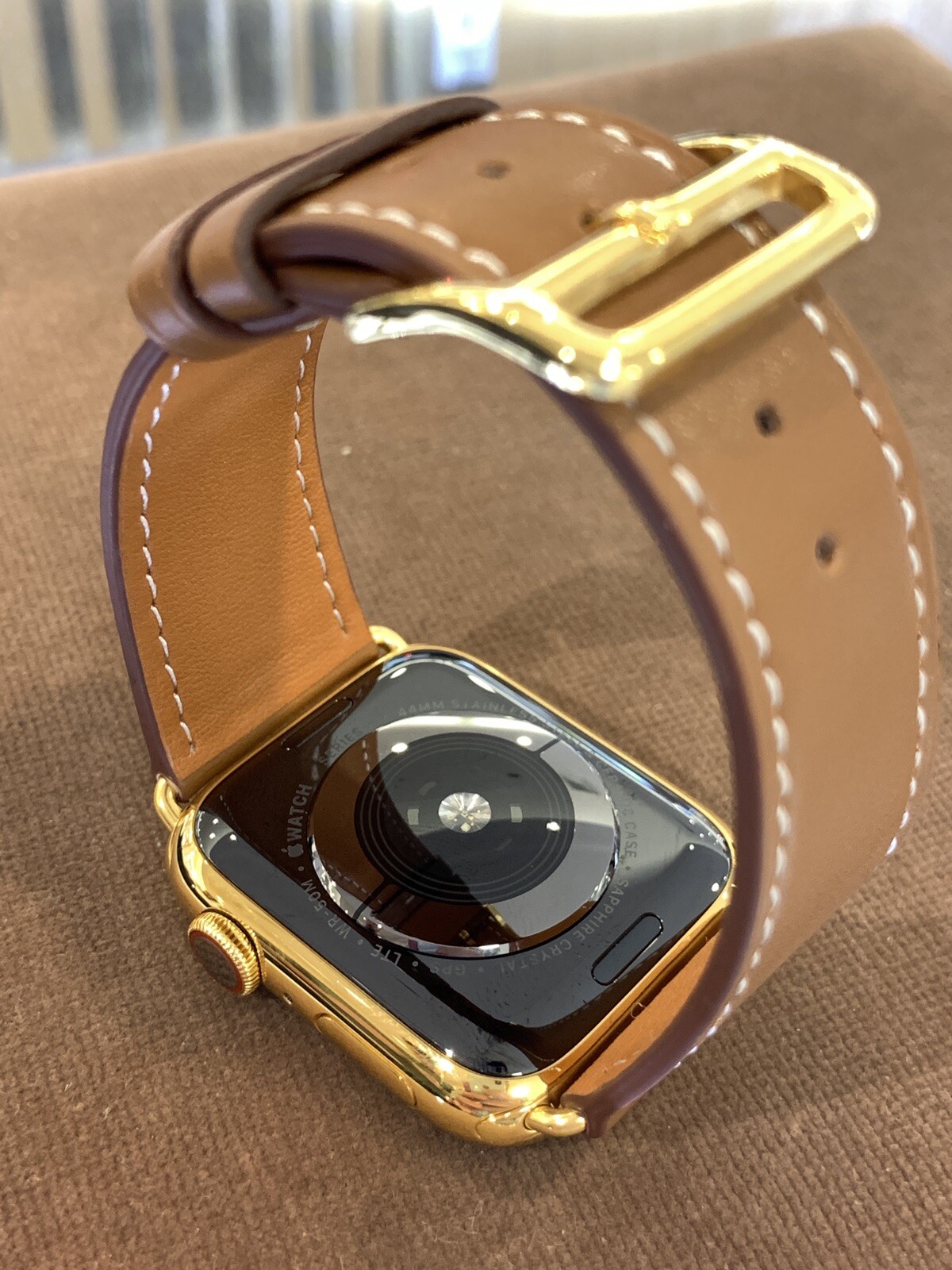 Brown Leather Band 44mm 24k Gold Plated Deplo Buckle Fits Any Series Apple Watch