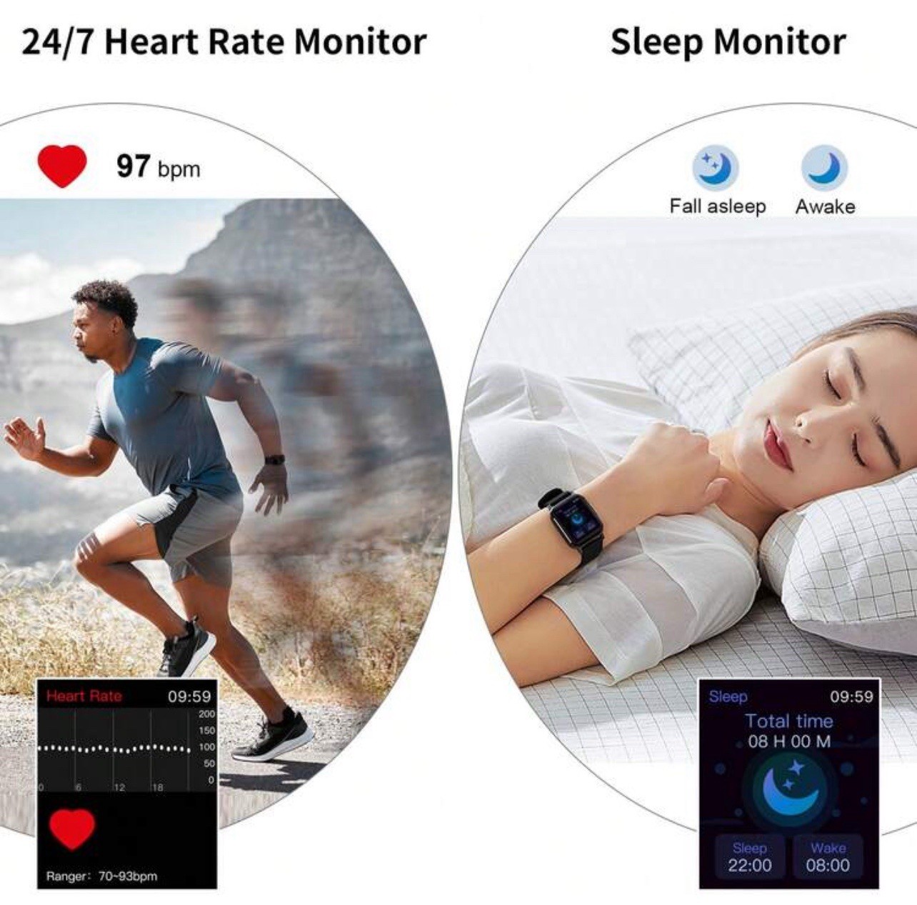 Smartwatch, black, IP68 waterproof, heart rate & sleep monitor, Android/iOS