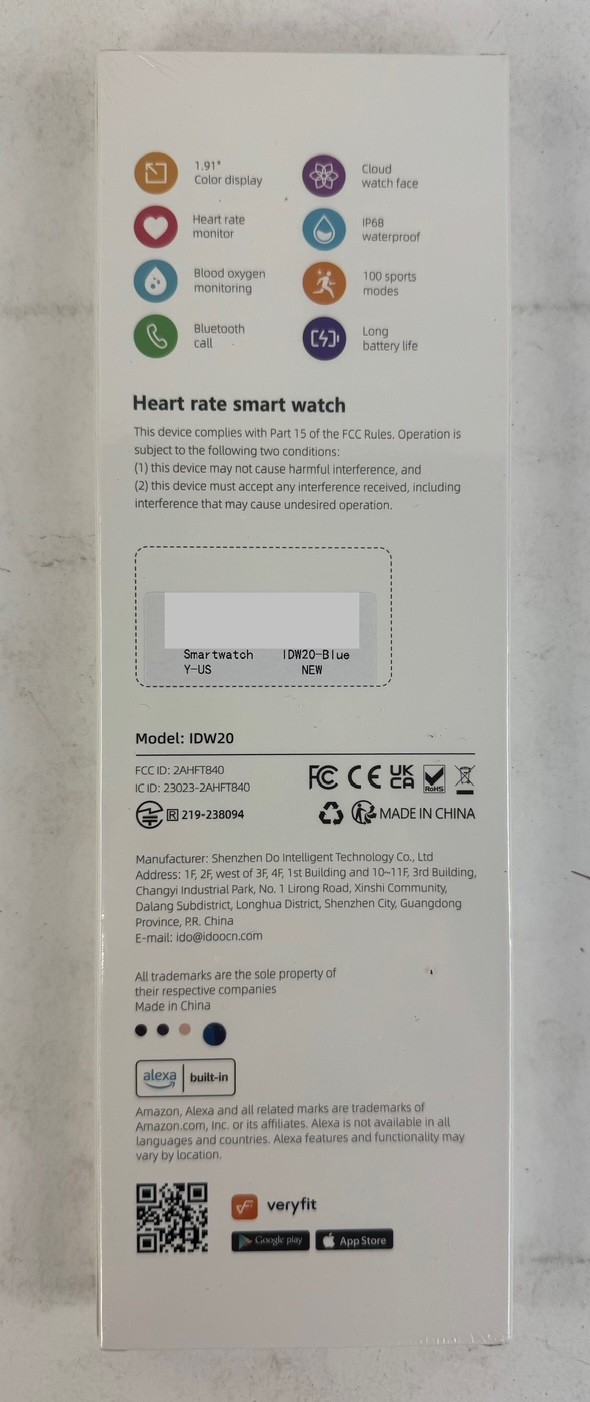 IDW20 Smart Watch Alexa Built-In 1.91″ Disp Heart Rate IP68– New – Sealed – Blue