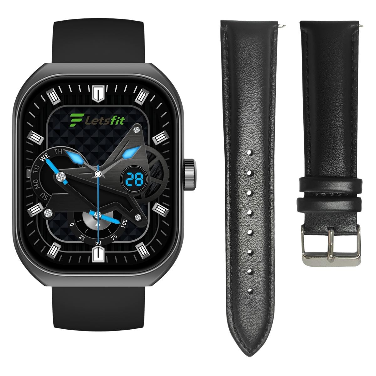 Letsfit E46 Smart Watch Black Bezel w/ 2 BLACK Bands Fitness Tracker Bluetooth