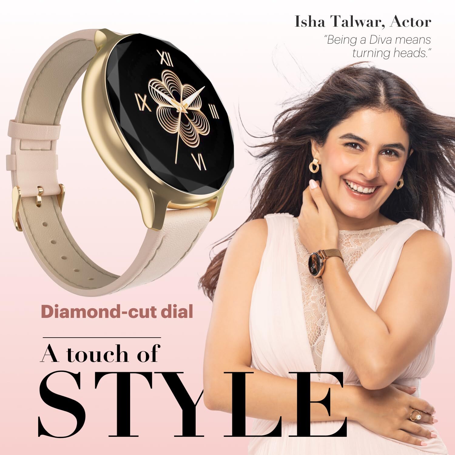 Noise Diva Smartwatch with Diamond Cut dial, Glossy Metallic Finish, AMOLED
