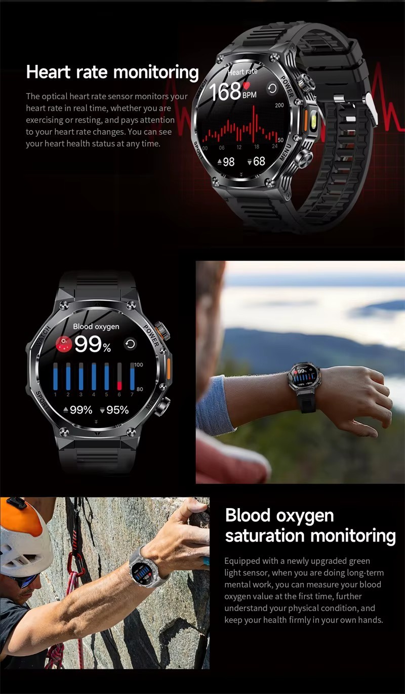 Smart Watch Heavy Duty Black Silicone 1.8″ Screen Hiking Compass 3+ Days Bat.