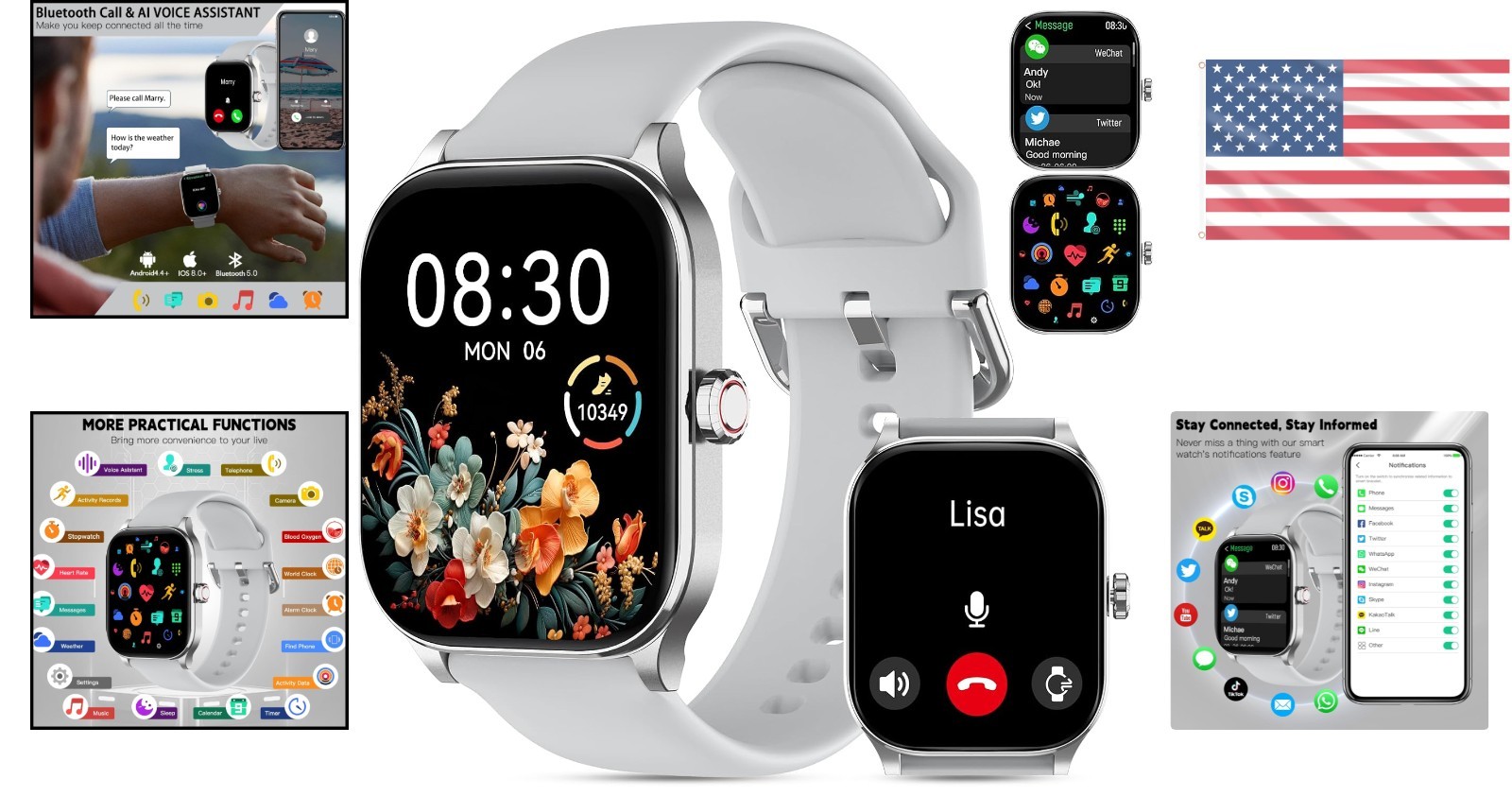 Gray Smart Watch, Bluetooth Call & Health Monitor, Waterproof, 2.01 Screen