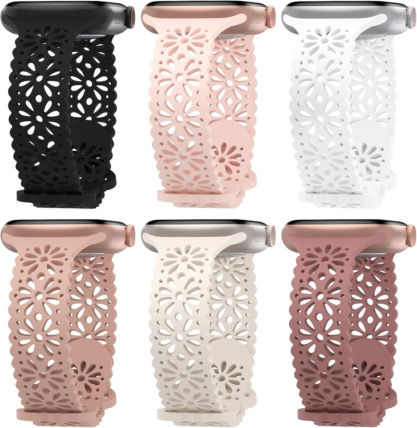 6 Silicone Bands Set for Apple Watch Series 11, 38mm 40mm 41mm, Thin Lace Design