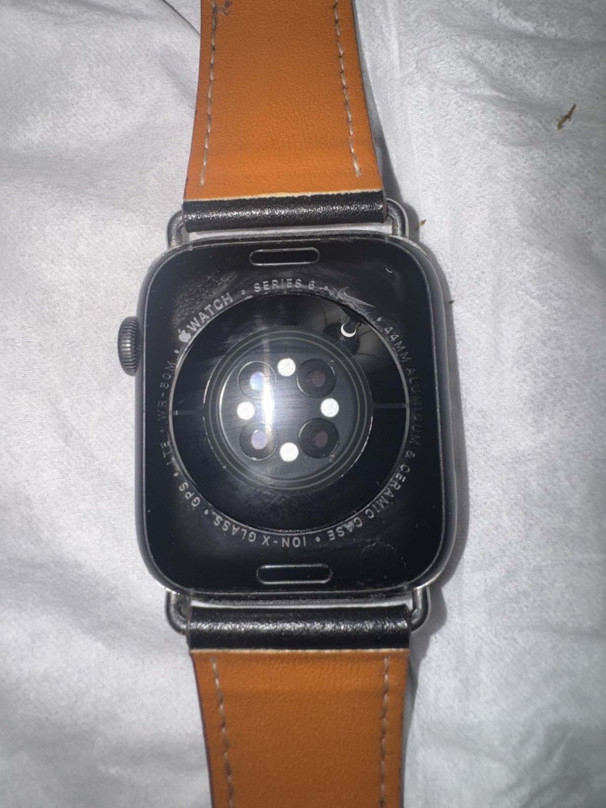 Apple Watch Series 6 44mm Silver Aluminum Case Black Leather Band 32GB GPS