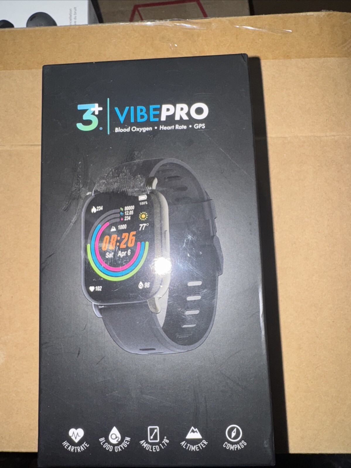 New/Sealed – 3+ VibePro Smartwatch Blood Oxygen, Heart Rate, GPS & more | Black