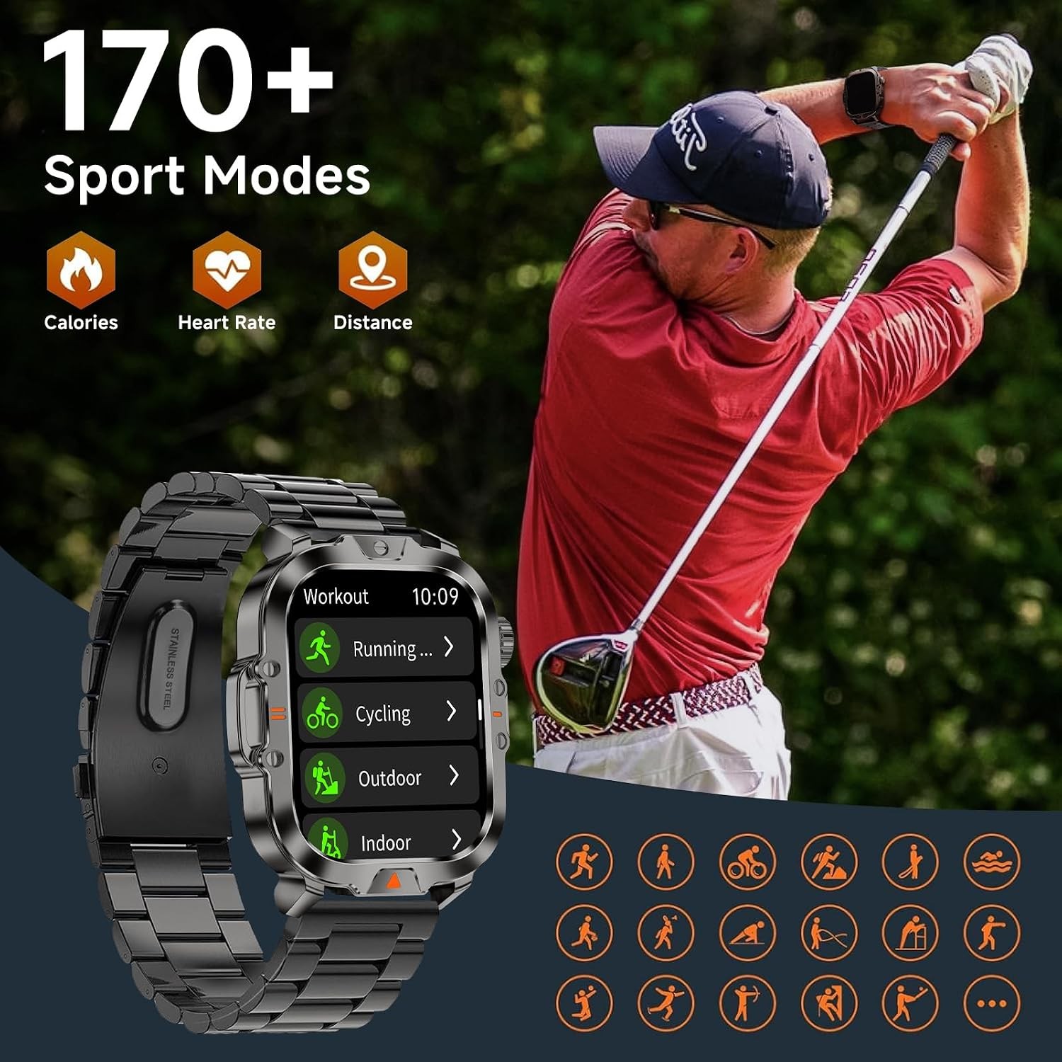 Military Smart Watch 2.01 Inch Call Answer 170 Sports IP68 Waterproof Black