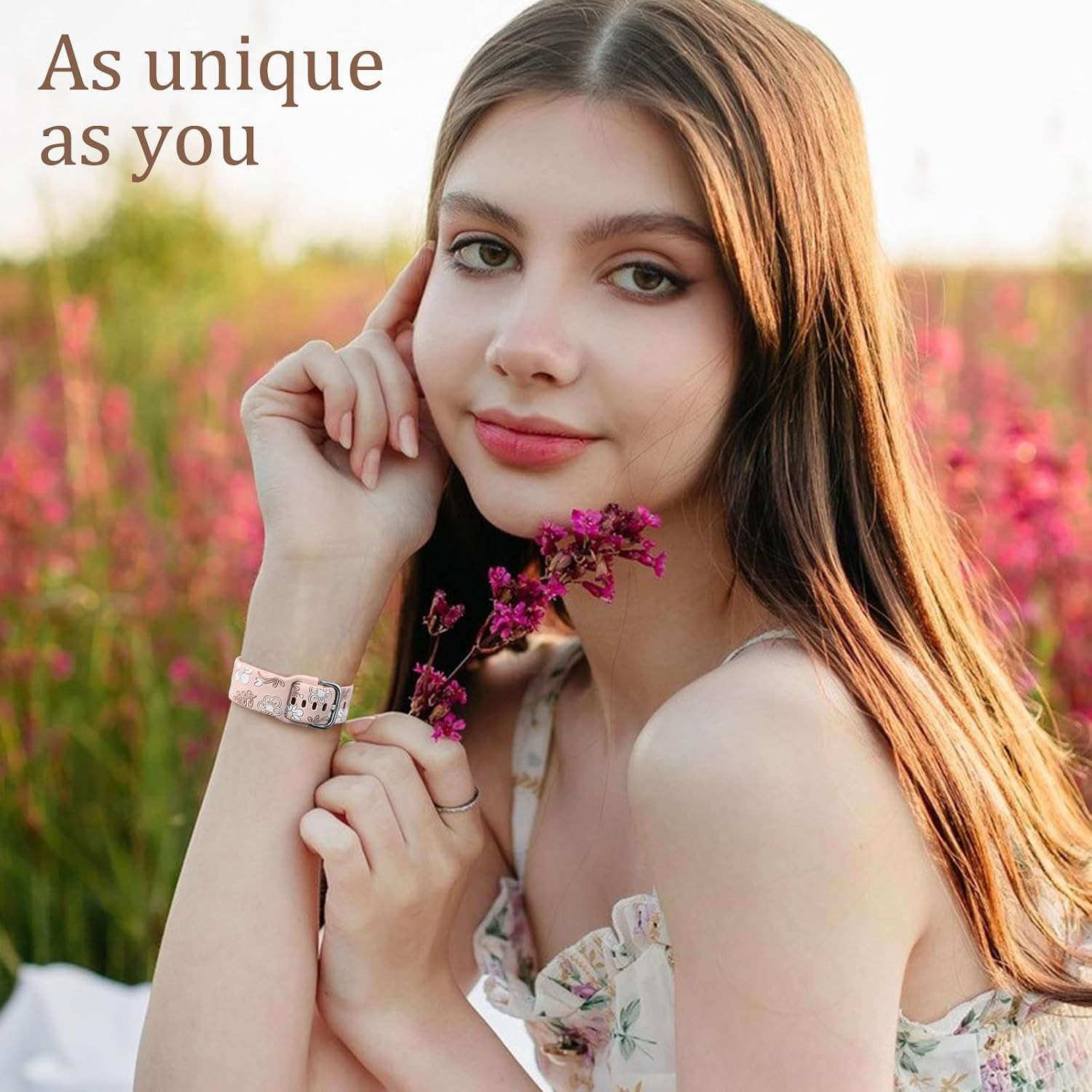 Pink Floral Silicone Band for Samsung Galaxy Watch 7, Active 2, 20mm, Replacemen